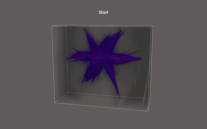 A 3D tomographic volume visualization rendered in Tomviz, labeled "Start," displaying a star-shaped purple structure enclosed within a wireframe bounding box on a gray background.