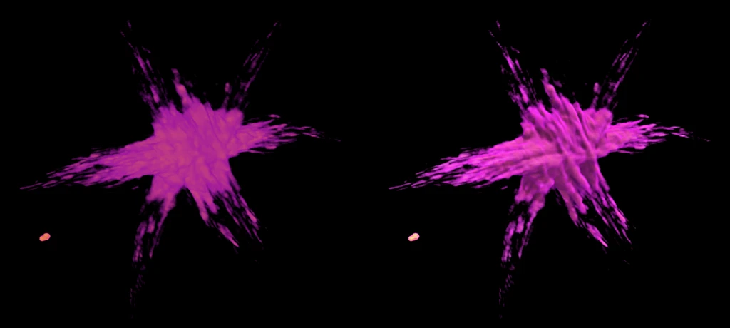 A side-by-side comparison of 3D volumetric renders in Tomviz, contrasting standard volume rendering on the left with depth-enhanced or ray-traced lighting effects on the right for a bright magenta star-shaped dataset against a black background.