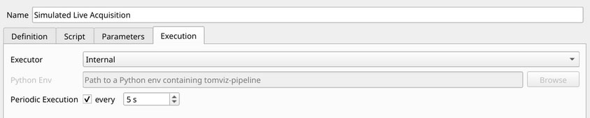 A configuration dialog in Tomviz titled "Simulated Live Acquisition" under the "Execution" tab, showing parameters for periodic execution every 5 seconds.