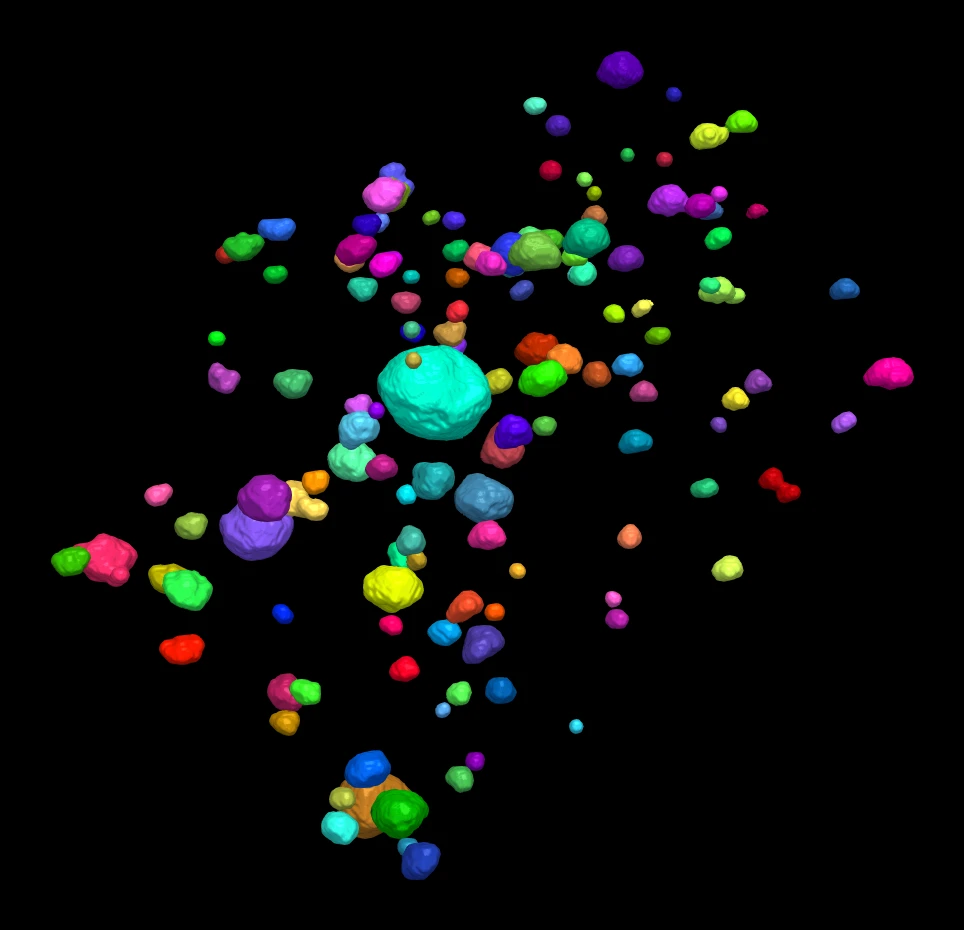 A 3D particle segmentation visualization in Tomviz displaying numerous individually colored, distinct spherical and irregular nodules scattered in 3D space against a black background.