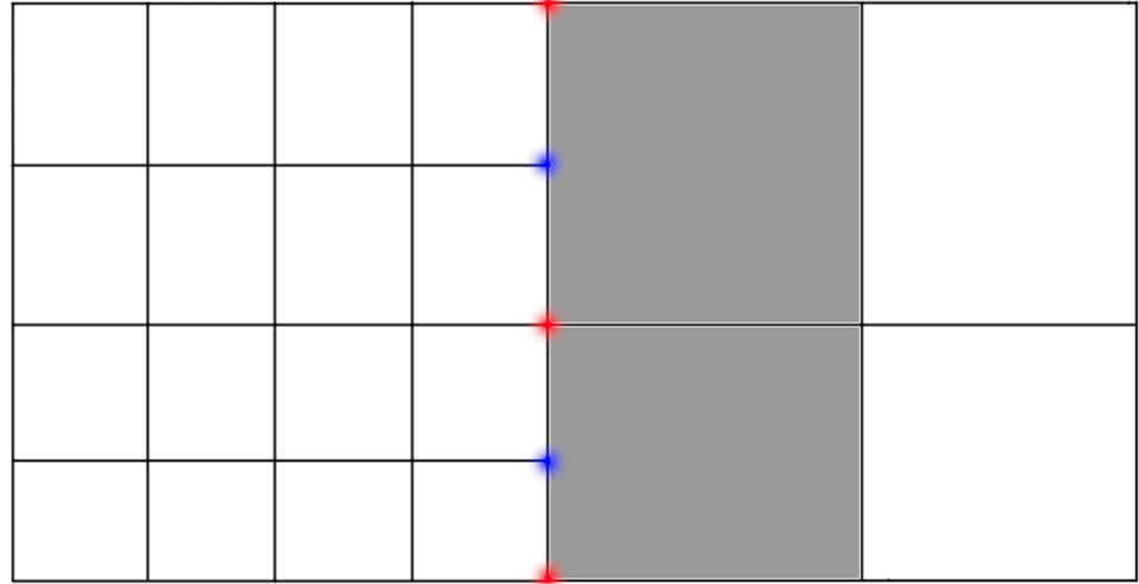 A line-art schematic of an AMR grid boundary with ghost cells shaded in gray, highlighting shared corner nodes marked with red asterisks and T-junction hanging nodes marked with blue asterisks along the fine-to-coarse interface.