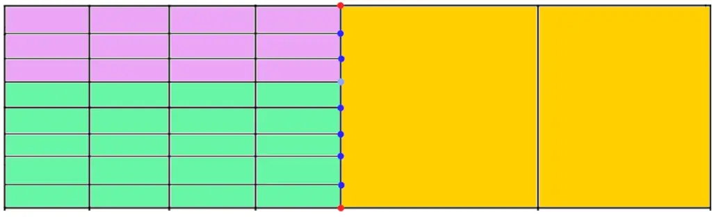 A line-art schematic of a multi-block AMR grid interface showing color-coded fine grid blocks (pink and green) meeting a coarse block (yellow), with red corner nodes, blue hanging nodes, and a light blue shared block boundary node along the interface.