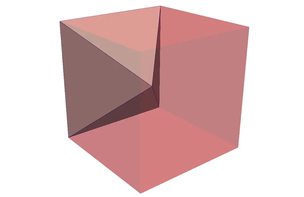A 3D geometric render of a semi-transparent pink coarse hexahedral mesh cell subdivided into internal tetrahedral pyramid elements to stitch a non-conformal AMR interface.