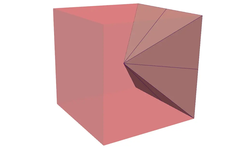 A 3D geometric render of a semi-transparent pink hexahedral cell with a radial pyramid-fan subdivision on its right face, demonstrating 3D conformal mesh stitching for AMR boundaries in VTK/ParaView.