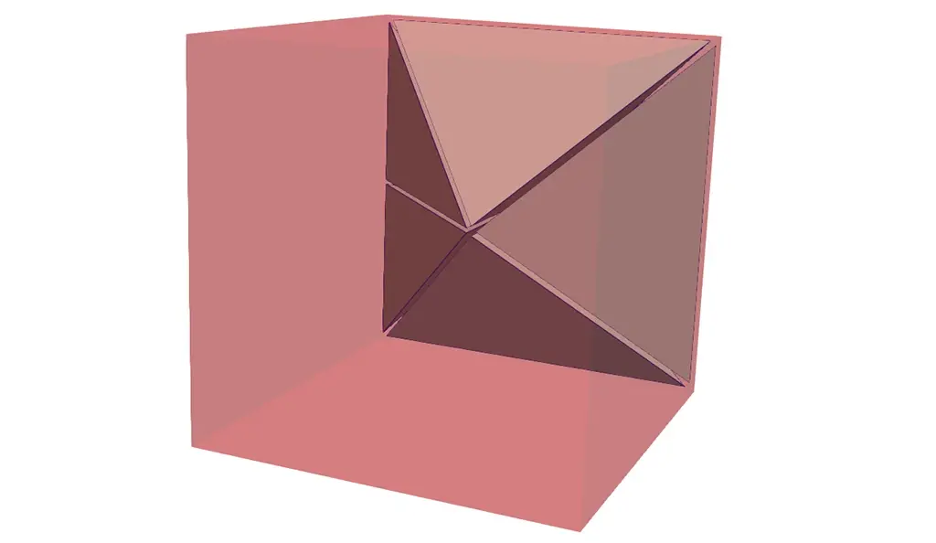 A 3D geometric render showing an internal pyramid subdivision on the right face of a semi-transparent pink hexahedral cell, illustrating 3D conformal mesh stitching across AMR resolution boundaries in VTK/ParaView.