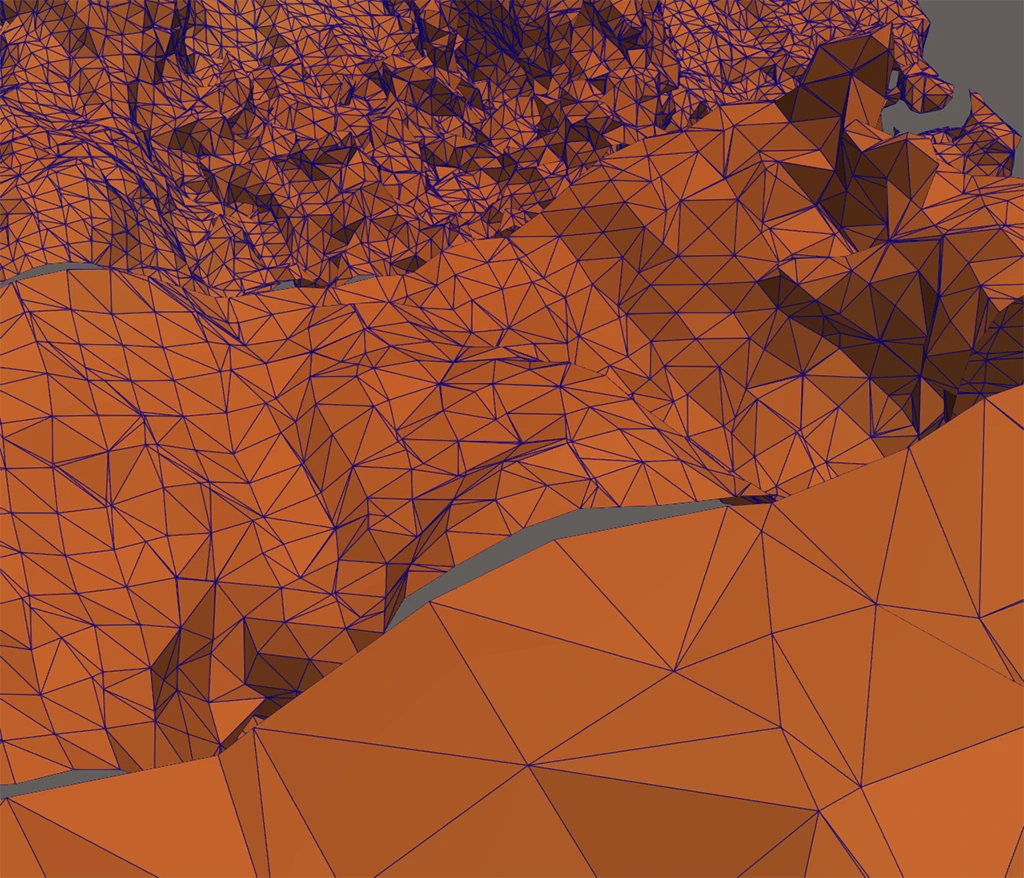 A close-up scientific visualization in VTK/ParaView showing adaptive triangular mesh refinement across hilly surface terrain in copper-orange with blue wireframe outlines.