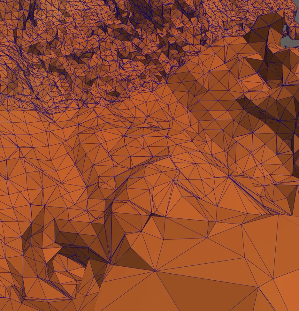 A close-up scientific visualization in VTK/ParaView showing adaptive triangular mesh refinement across hilly surface terrain in copper-orange with blue wireframe outlines.