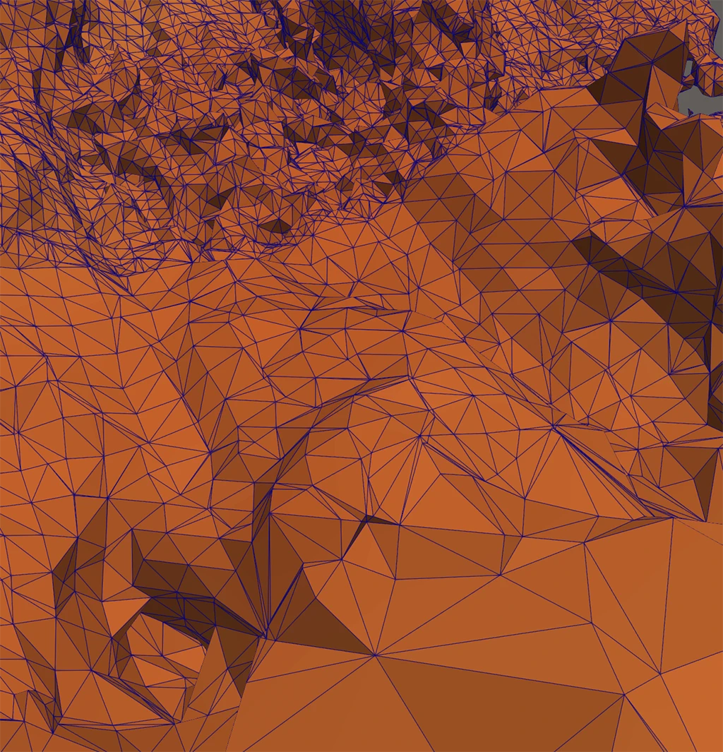 A close-up visualization of an adaptive triangular mesh surface rendered in copper-orange with blue wireframe edges, highlighting local mesh refinement across complex terrain in VTK/ParaView.